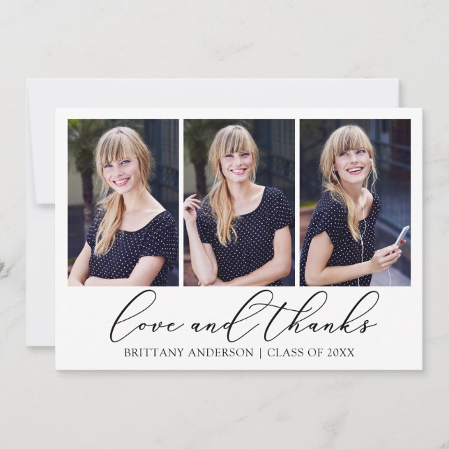 Modern Calligraphy Ink Script 3 Photo Graduation Thank You Card (Front)