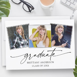 Modern Calligraphy Ink Script 3 Photos Graduation Announcement