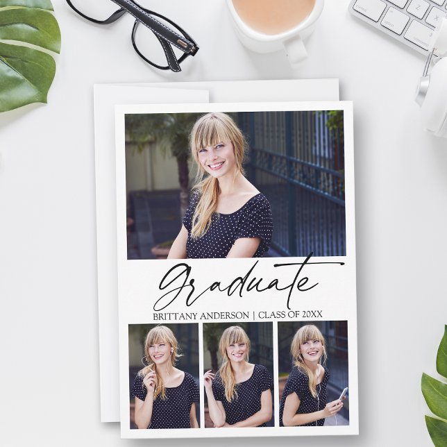 Modern Calligraphy Ink Script 4 Photo Graduation Announcement (Customize to add text or more photos to back of card.)