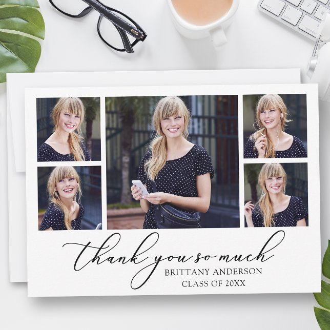 Modern Calligraphy Ink Script 5 Photos Graduation Thank You Card (Customize to add text or more photos to back of card.)