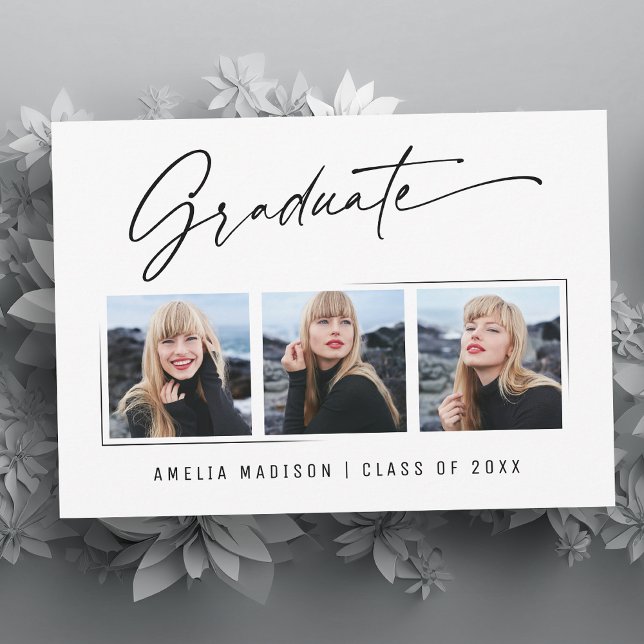Modern Calligraphy Ink Script Artful Grad 3 Photo Announcement (Creator Uploaded)