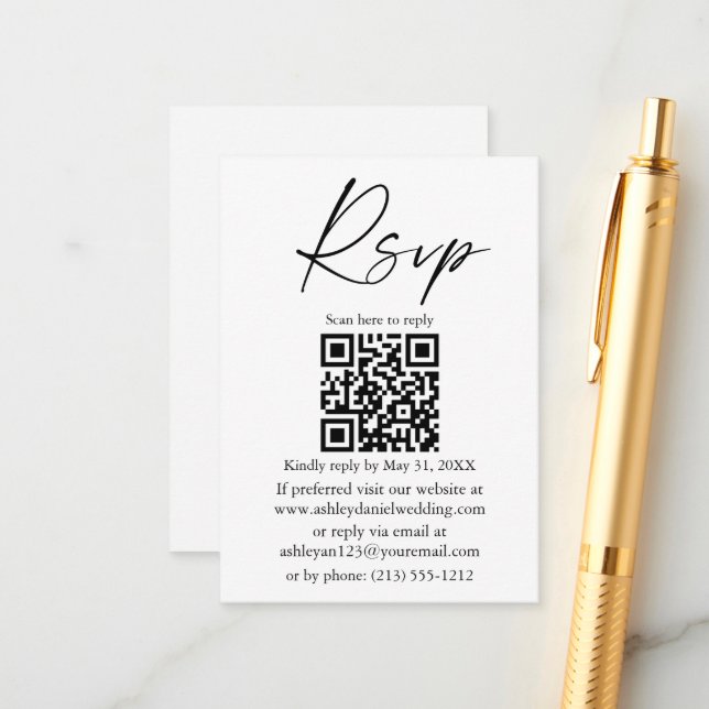 Modern Calligraphy Ink Script Wedding QR RSVP Enclosure Card (Front/Back In Situ)