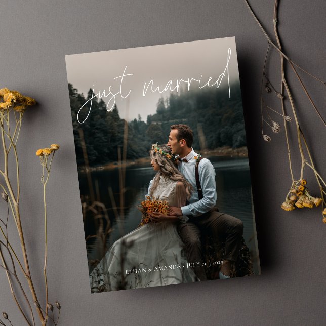 Modern Calligraphy Just Married Photo Elopement Announcement (Creator Uploaded)