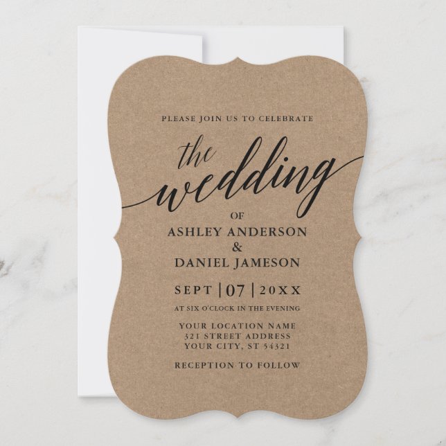 Modern Calligraphy Kraft Wedding Invitation (Front)