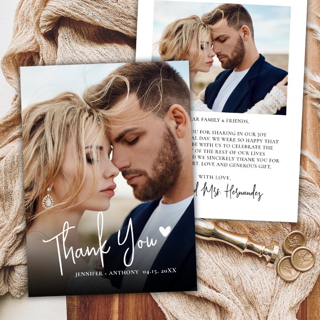 Modern Calligraphy Love Heart 2 Photo Wedding  Thank You Card (Creator Uploaded)