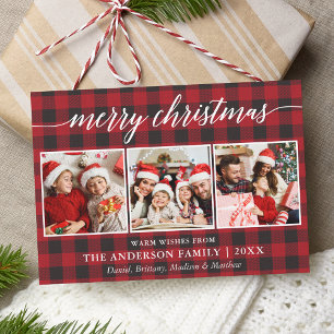 Modern Calligraphy Merry Christmas 3 Photo Plaid Holiday Card