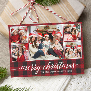 Modern Calligraphy Merry Christmas 5 Photo Plaid Holiday Card