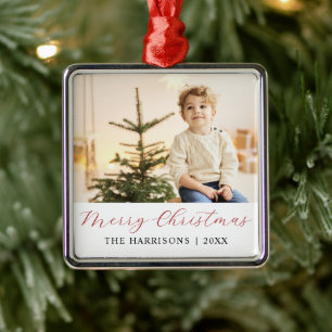 Modern Calligraphy Merry Christmas Photo Metal Tree Decoration