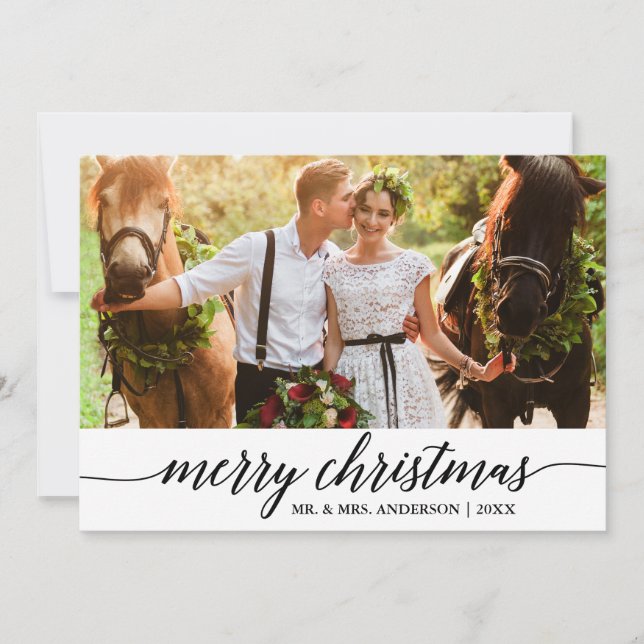 Modern Calligraphy Merry Christmas Wedding Photo Holiday Card (Front)