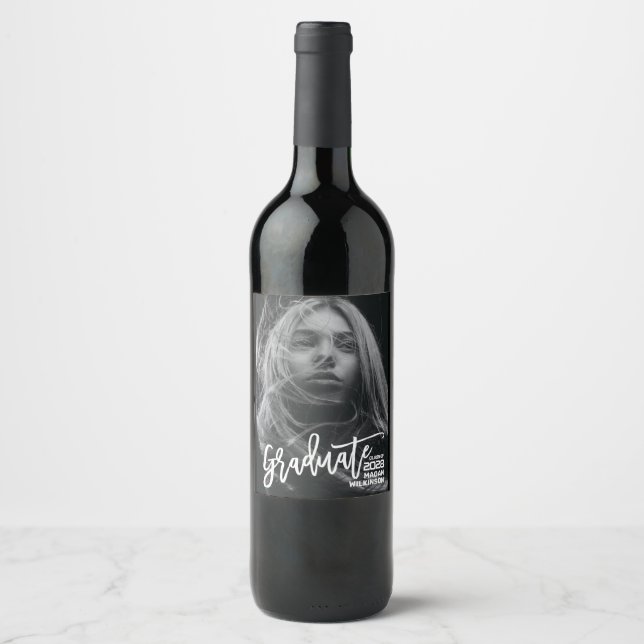 Modern Calligraphy Minimal Full Photo Grad Party Wine Label (Front)