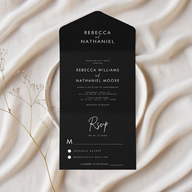 Modern Calligraphy Minimalist Black White Wedding All In One Invitation (Creator Uploaded)