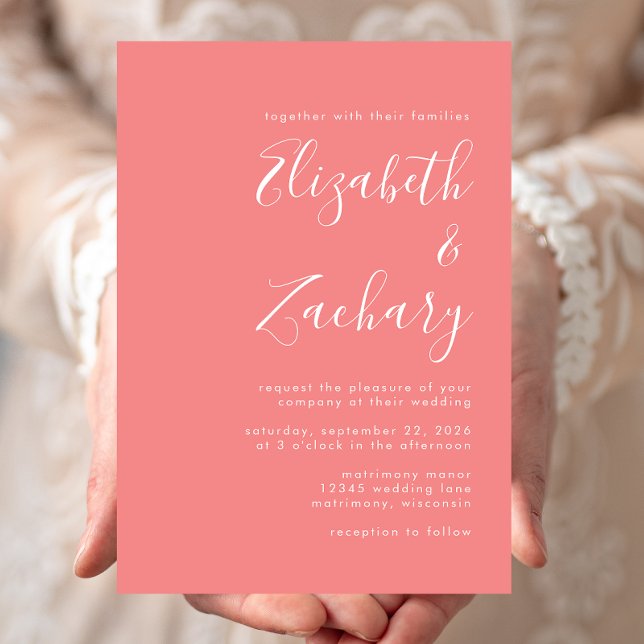 Modern Calligraphy Minimalist Coral Wedding Invitation (Creator Uploaded)