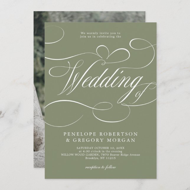 Modern calligraphy Minimalist Sage Green Wedding   Invitation (Front/Back)