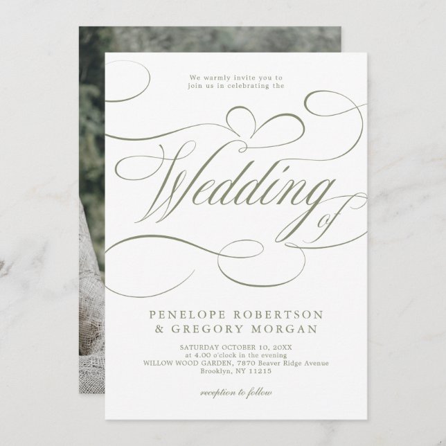 Modern calligraphy Minimalist Sage Green Wedding   Invitation (Front/Back)