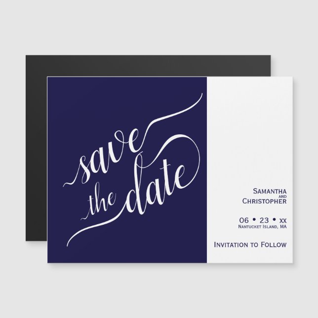 Modern Calligraphy Navy Blue Wedding Save the Date Magnetic Invitation (Front/Back)