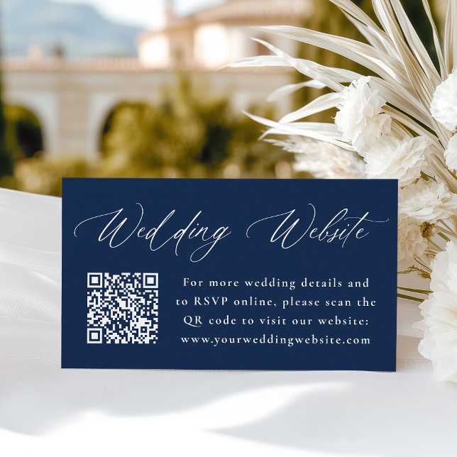 Modern Calligraphy Navy Wedding Website QR Code Enclosure Card (Creator Uploaded)