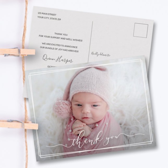 Modern Calligraphy New Baby Thank You  Photo Birth Postcard (Creator Uploaded)