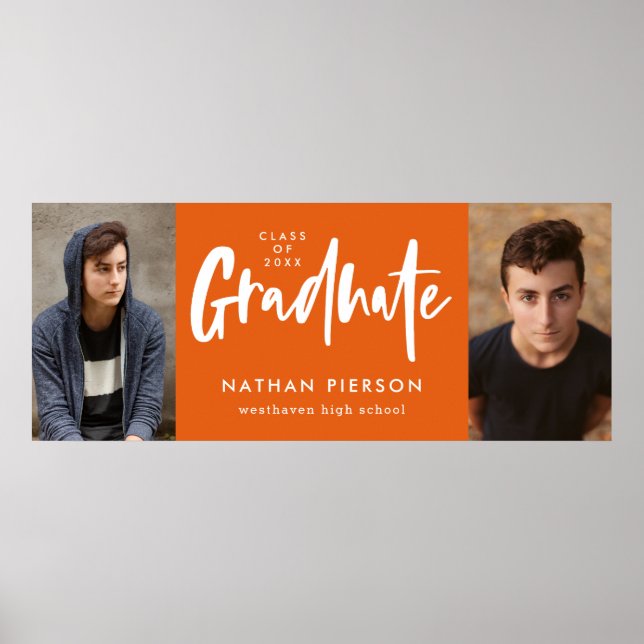 Modern Calligraphy Orange Two Photo Graduation Poster (Front)