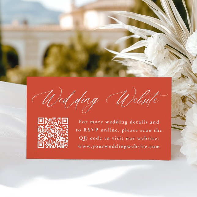 Modern Calligraphy Orange Wedding Website QR Code Enclosure Card (Creator Uploaded)