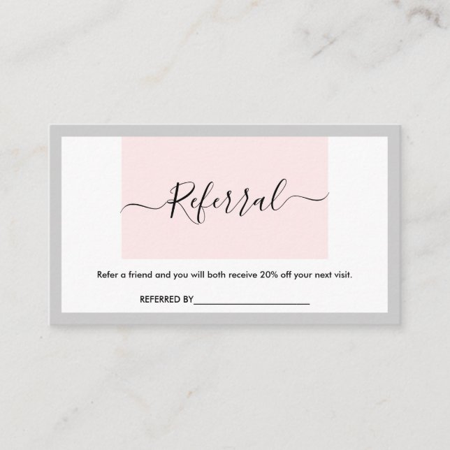 Modern Calligraphy Pastel Pink & Light Grey Refer Business Card (Front)