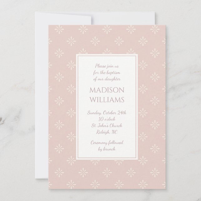 Modern calligraphy pattern dusty pink girl baptism invitation (Front)