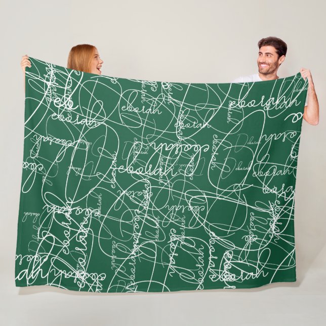 Modern Calligraphy Pattern of Signatures on Green Fleece Blanket (In Situ)