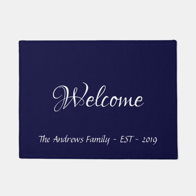 Modern Calligraphy Personalized Navy Blue Doormat (Front)