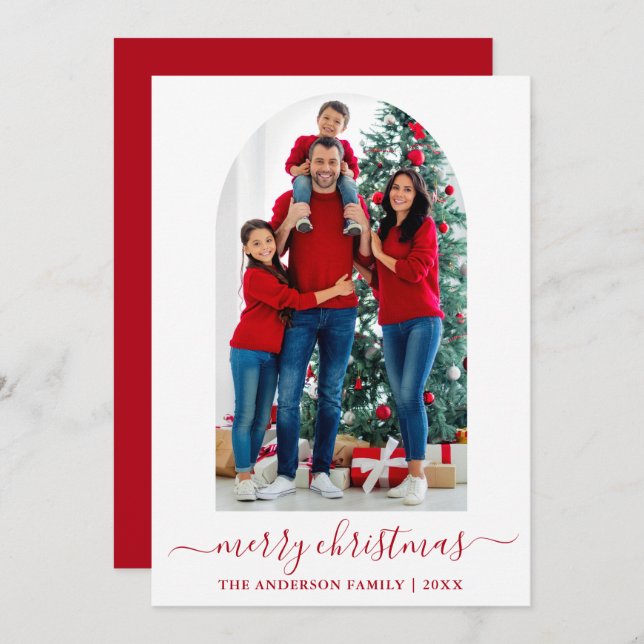 Modern Calligraphy Photo Arch Christmas Red Holiday Card (Front/Back)