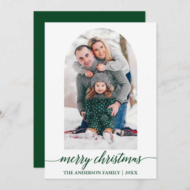 Modern Calligraphy Photo Arch Green Christmas Holiday Card (Front/Back)