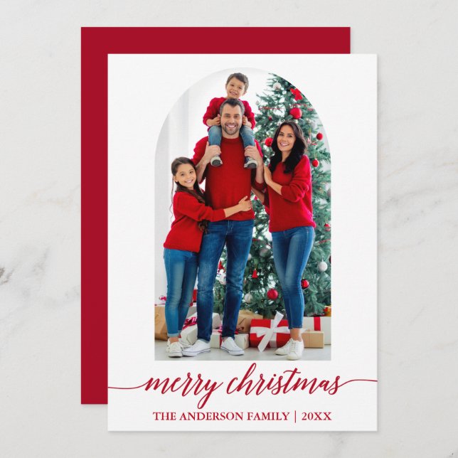 Modern Calligraphy Photo Arch Red Christmas Holiday Card (Front/Back)