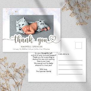 Modern Calligraphy Photo Baby Boy Thank You  Postcard