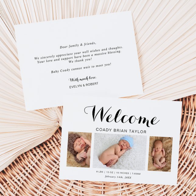 Modern Calligraphy Photo Birth Announcement Card (Creator Uploaded)