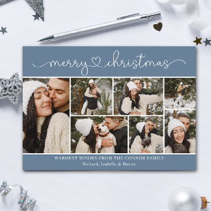 Modern Calligraphy Photo Collage Blue Christmas Card