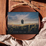 Modern Calligraphy Photo Gold Save The Date<br><div class="desc">Landscape photo with optional second photo on the back; "save the date" in gold can be scaled and moved.</div>