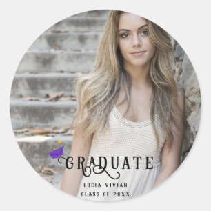 Modern Calligraphy Photo Graduation Classic Round Sticker