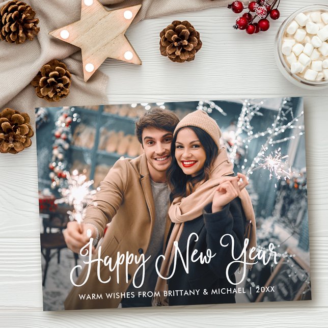 Modern Calligraphy Photo Happy New Year Postcard (Customize to change your personalized text size or text style.)