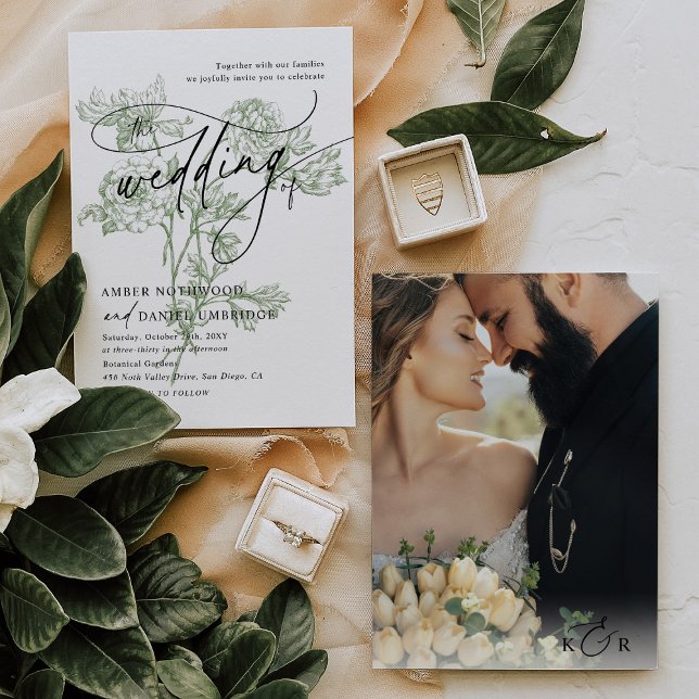 Modern Calligraphy Photo Sage Green Floral Wedding Invitation (Creator Uploaded)
