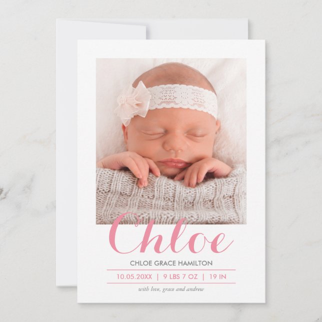 Modern Calligraphy Pink | Birth Announcement (Front)