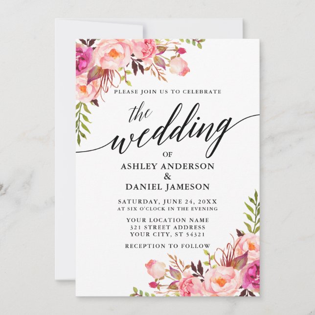Modern Calligraphy Pink Blush Floral Wedding Invitation (Front)