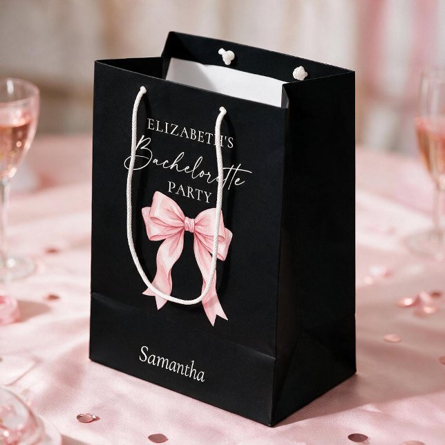 Modern Calligraphy Pink Bow Bachelorette Party Medium Gift Bag (Customize with Name.)