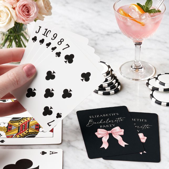 Modern Calligraphy Pink Bow Bachelorette Party Playing Cards (Customize to change background color.)