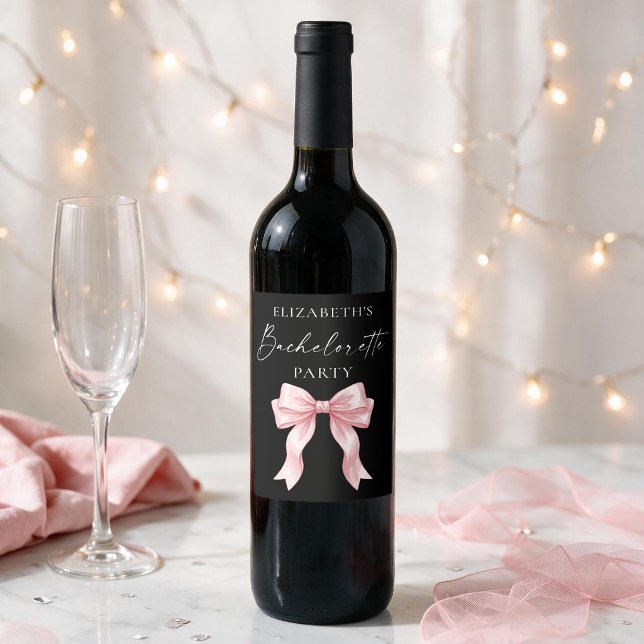Modern Calligraphy Pink Bow Bachelorette Party Wine Label (Customize with Name.)