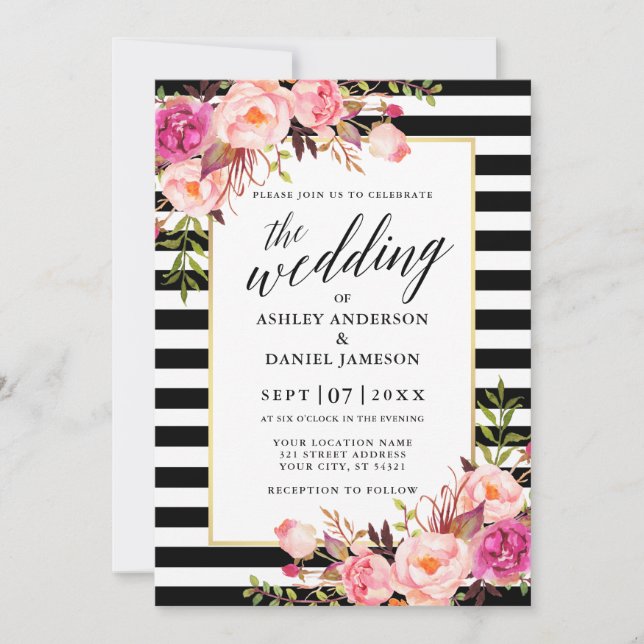 Modern Calligraphy Pink Floral Striped Wedding Invitation (Front)