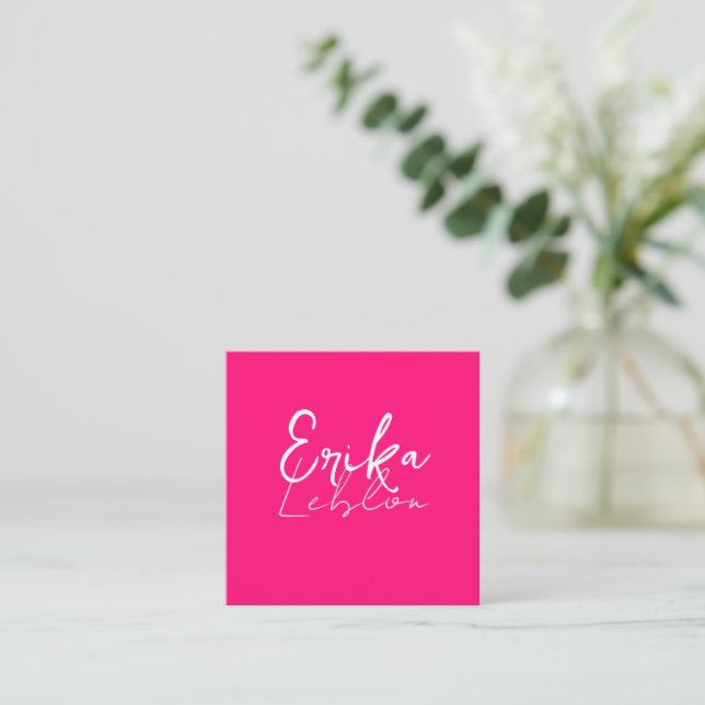 Modern Calligraphy Pink Minimalist Square Business Card (Standing Front)