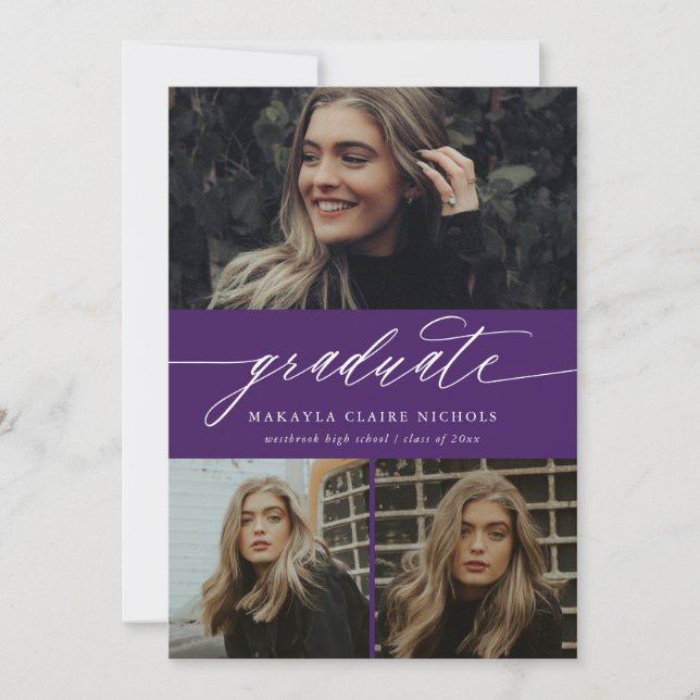 Modern Calligraphy Purple Three Photo Graduation Invitation (Front)