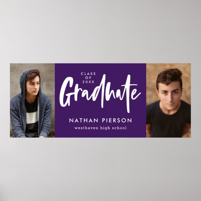 Modern Calligraphy Purple Two Photo Graduation Poster (Front)
