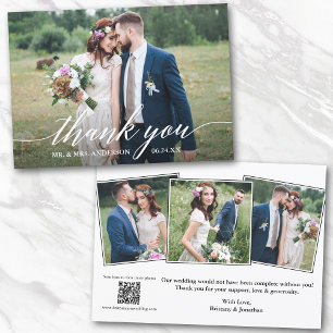 Modern Calligraphy QR Code 4 Photos Wedding  Thank You Card