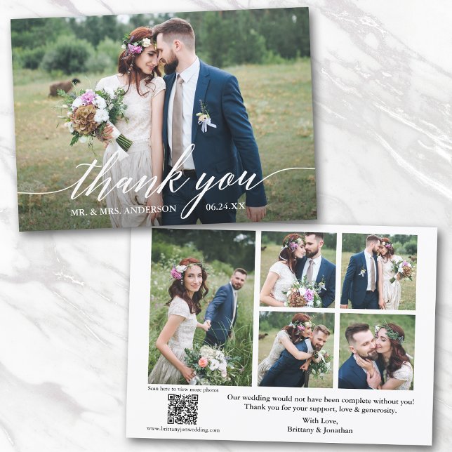 Modern Calligraphy QR Code 6 Photo Wedding Thank You Card (Add your wedding website link to the QR Code so guests can scan & view more of your photos online.)