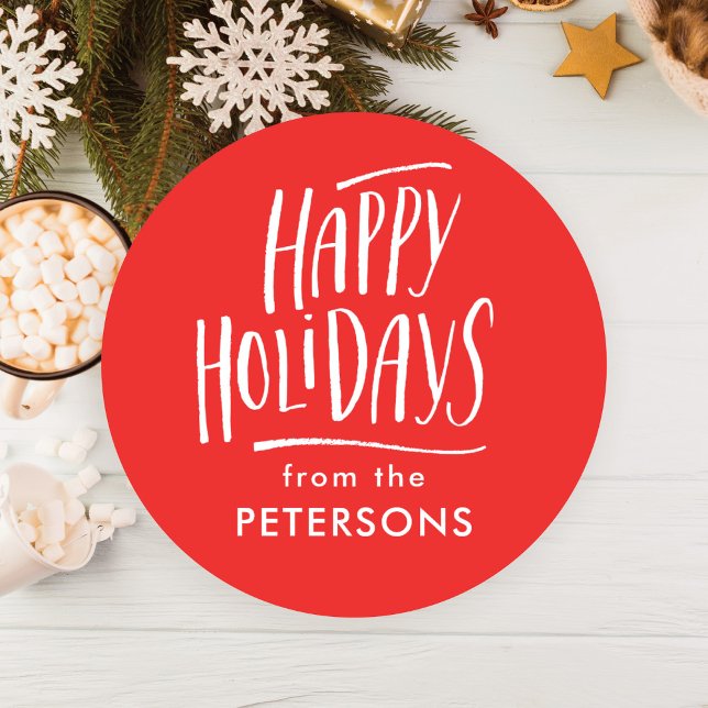 Modern Calligraphy Red Happy Holidays Classic Round Sticker (Creator Uploaded)
