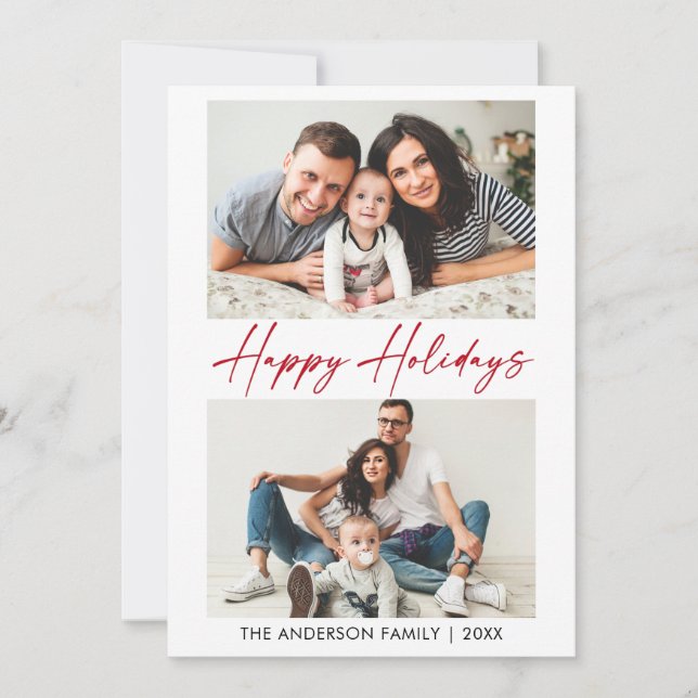 Modern Calligraphy Red Ink Script 2 Photo Holiday Card (Front)